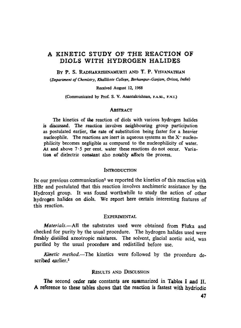 A Kinetic Study of the Reaction of Diols with Hydrogen Halides 49