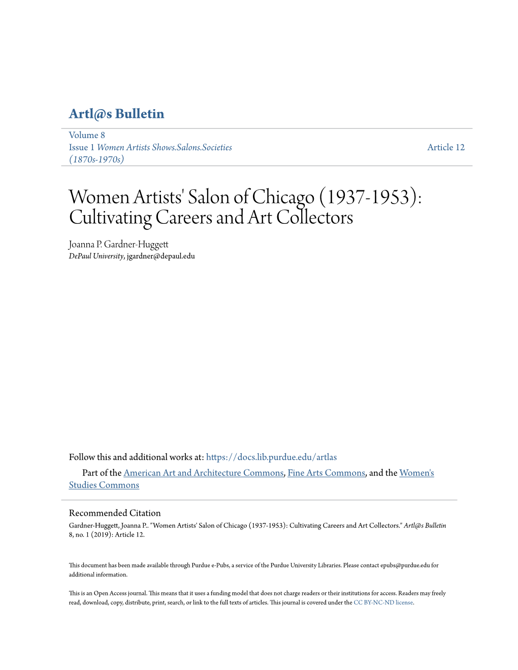 Women Artists' Salon of Chicago (1937-1953): Cultivating Careers and Art Collectors Joanna P