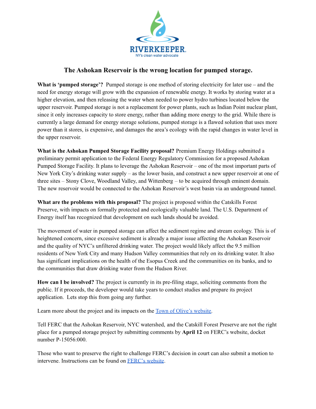 Ashokan Pump Storage Fact Sheet