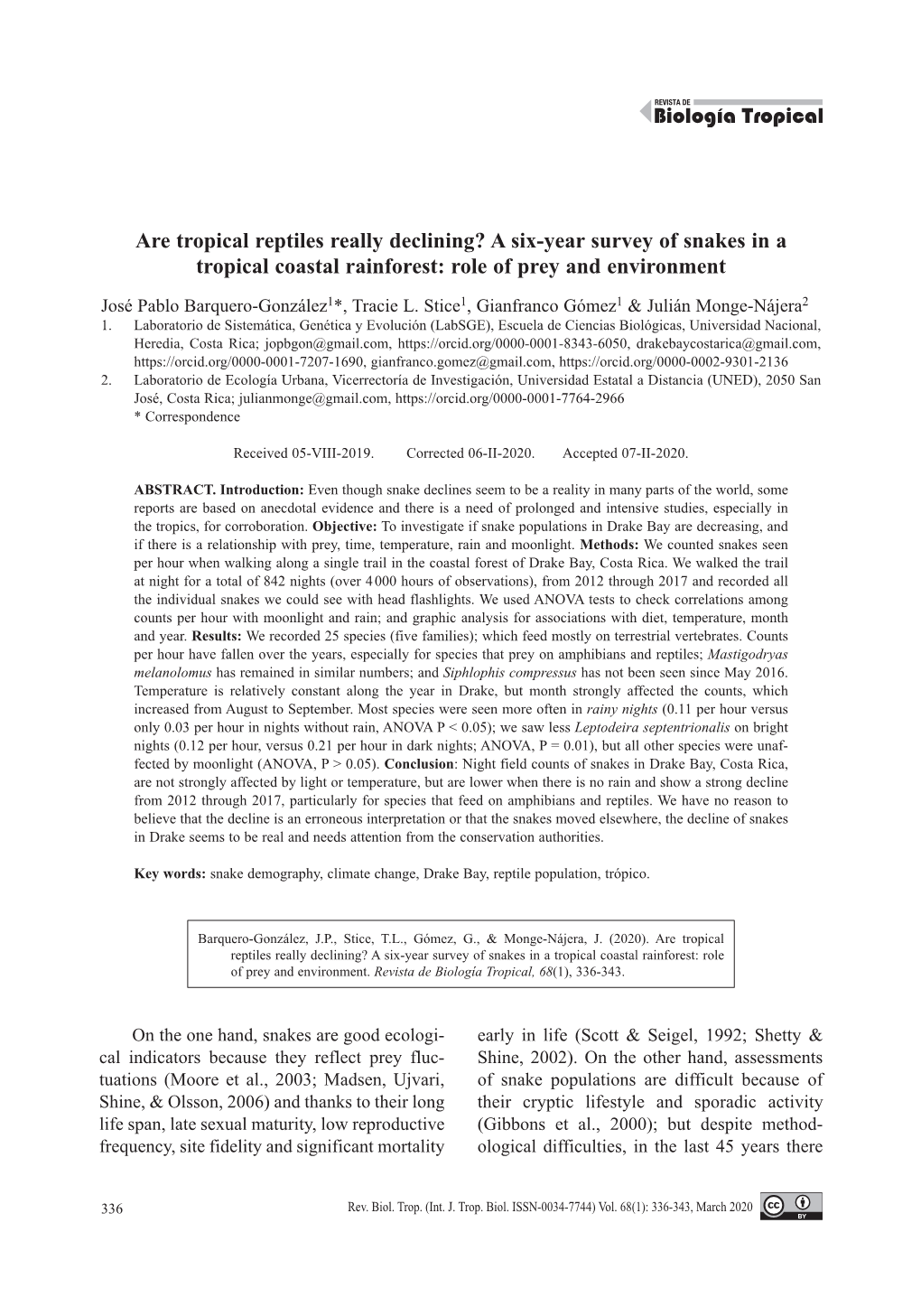 A Six-Year Survey of Snakes in a Tropical Coastal Rainforest: Role of Prey and Environment