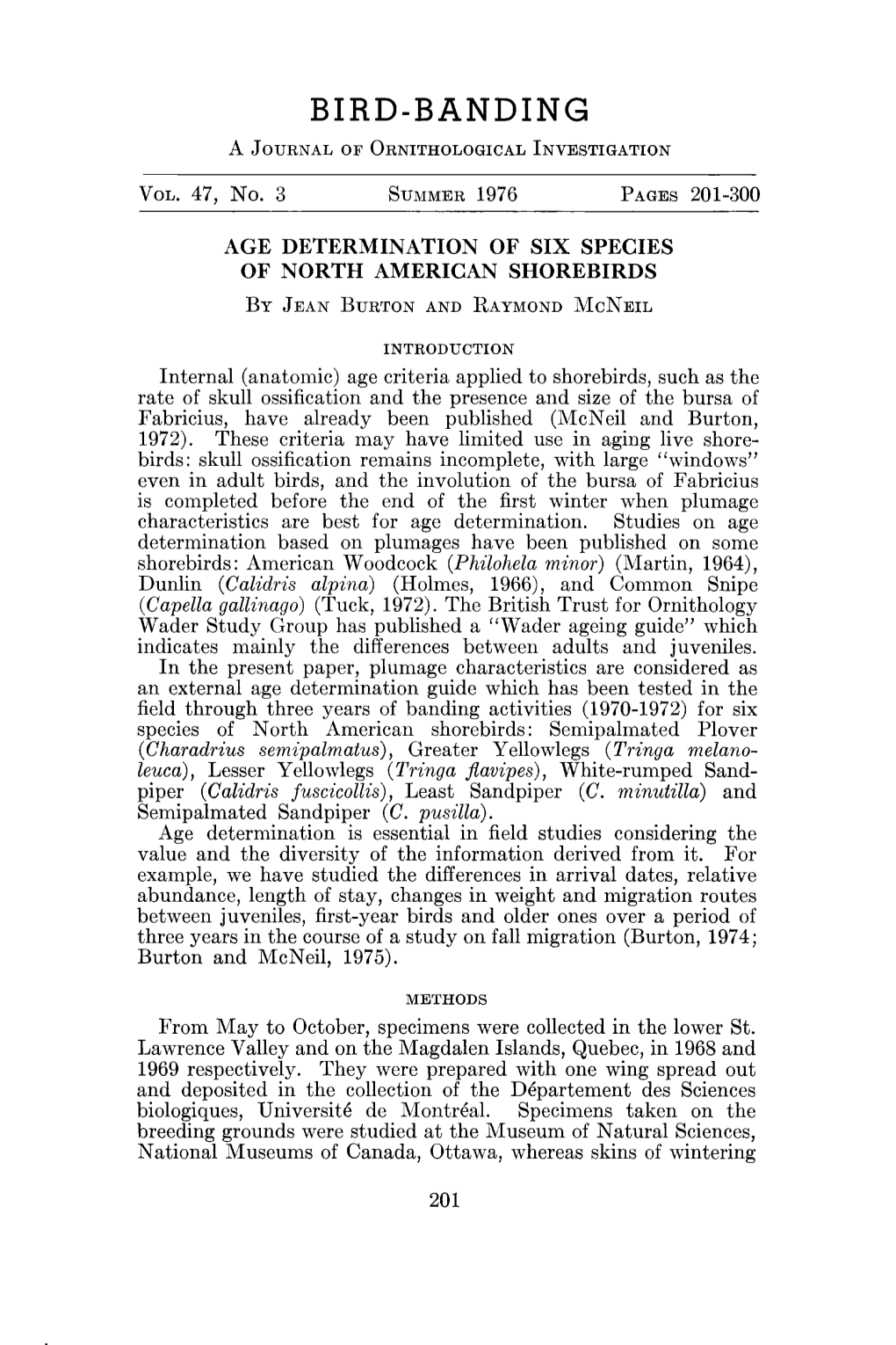 Age Determination of Six Species of North American Shorebirds