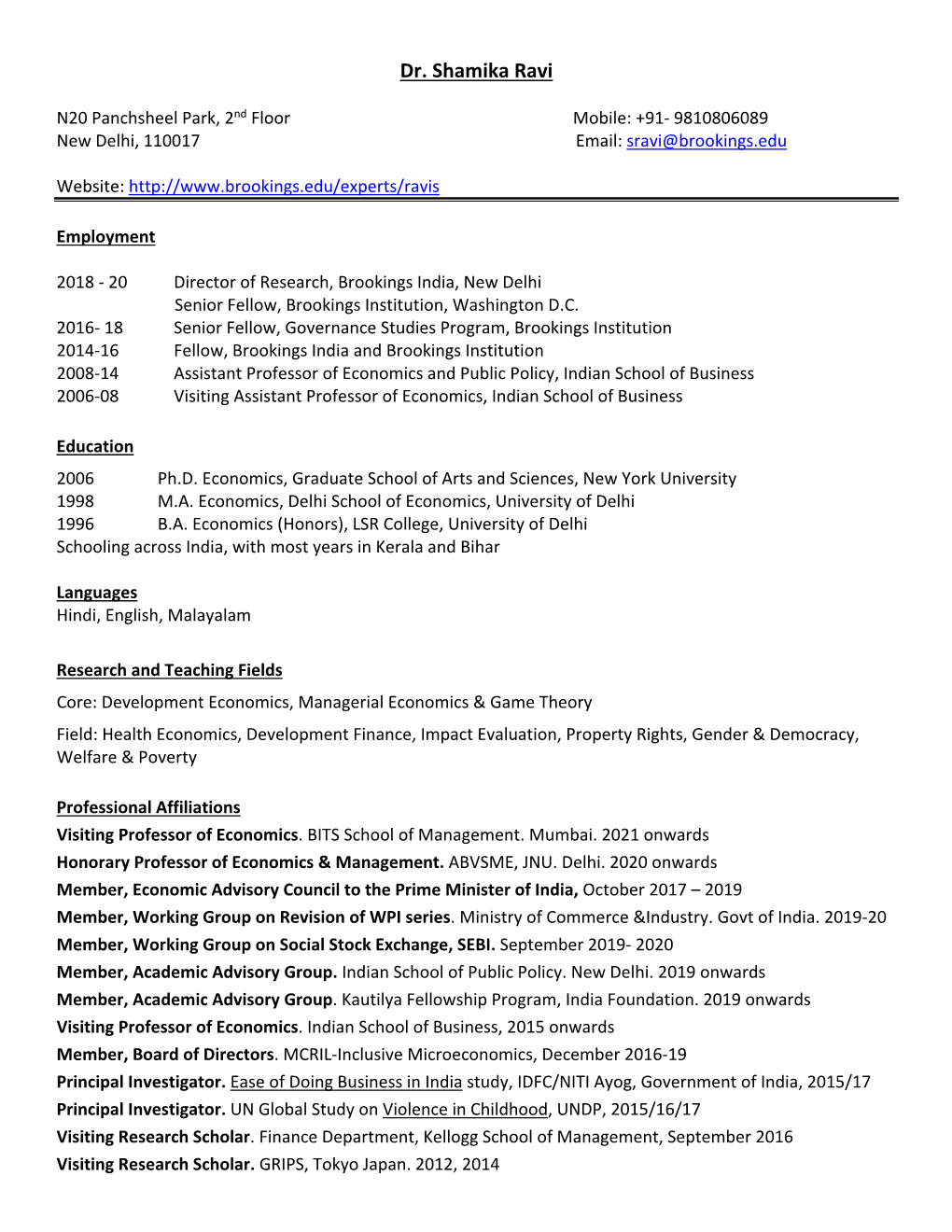 Shamika Ravi's CV