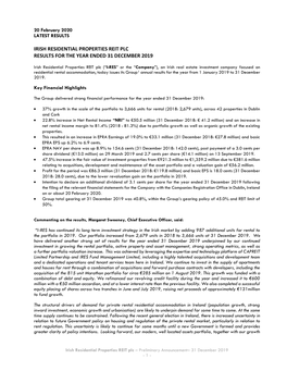 Irish Residential Properties REIT Plc Preliminary Results