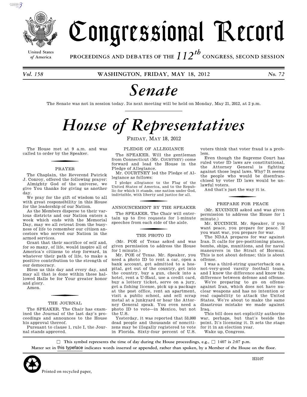 Congressional Record United States Th of America PROCEEDINGS and DEBATES of the 112 CONGRESS, SECOND SESSION