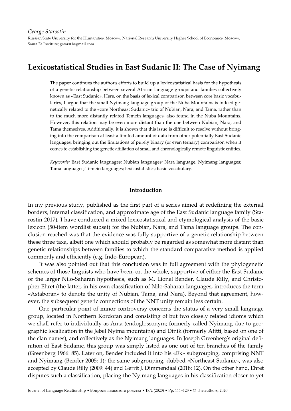 Lexicostatistical Studies in East Sudanic II: the Case of Nyimang