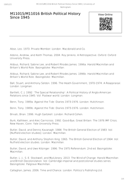 M11015/M11016 British Political History Since 1945 | University of Nottingham