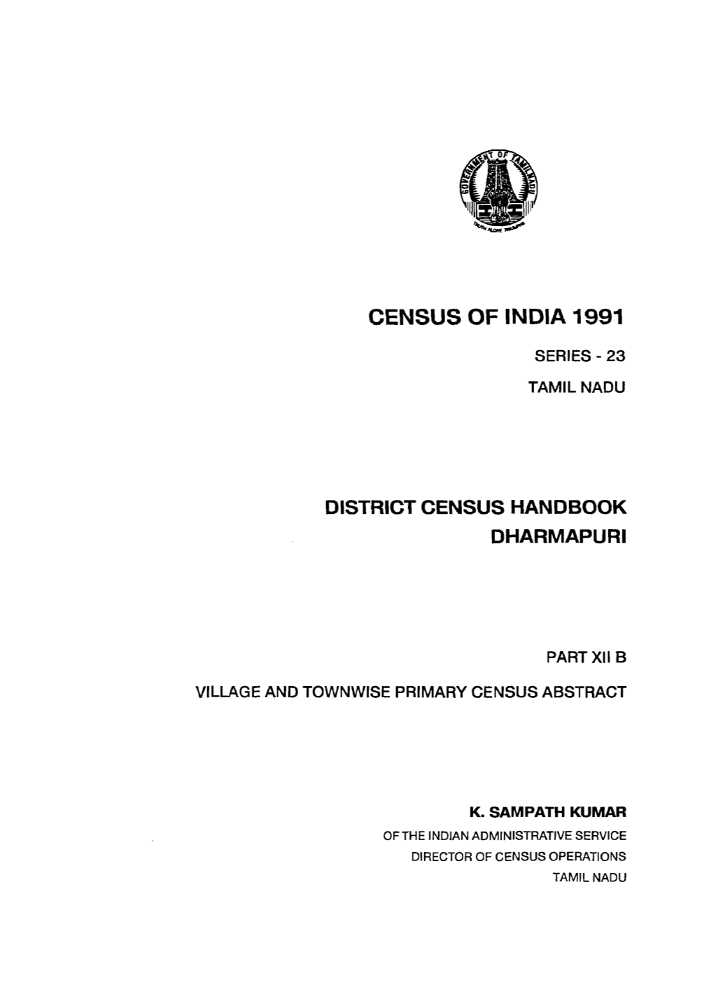 District Census Handbook, Dharmapuri, Part XII-B, Series-23