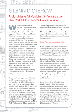GLENN DICTEROW a Most Masterful Musician: 34 Years As the New York Philharmonic’S Concertmaster