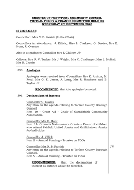 Minutes of Pontypool Community Council Virtual Policy & Finance Committee Held on Wednesday 2Nd September 2020