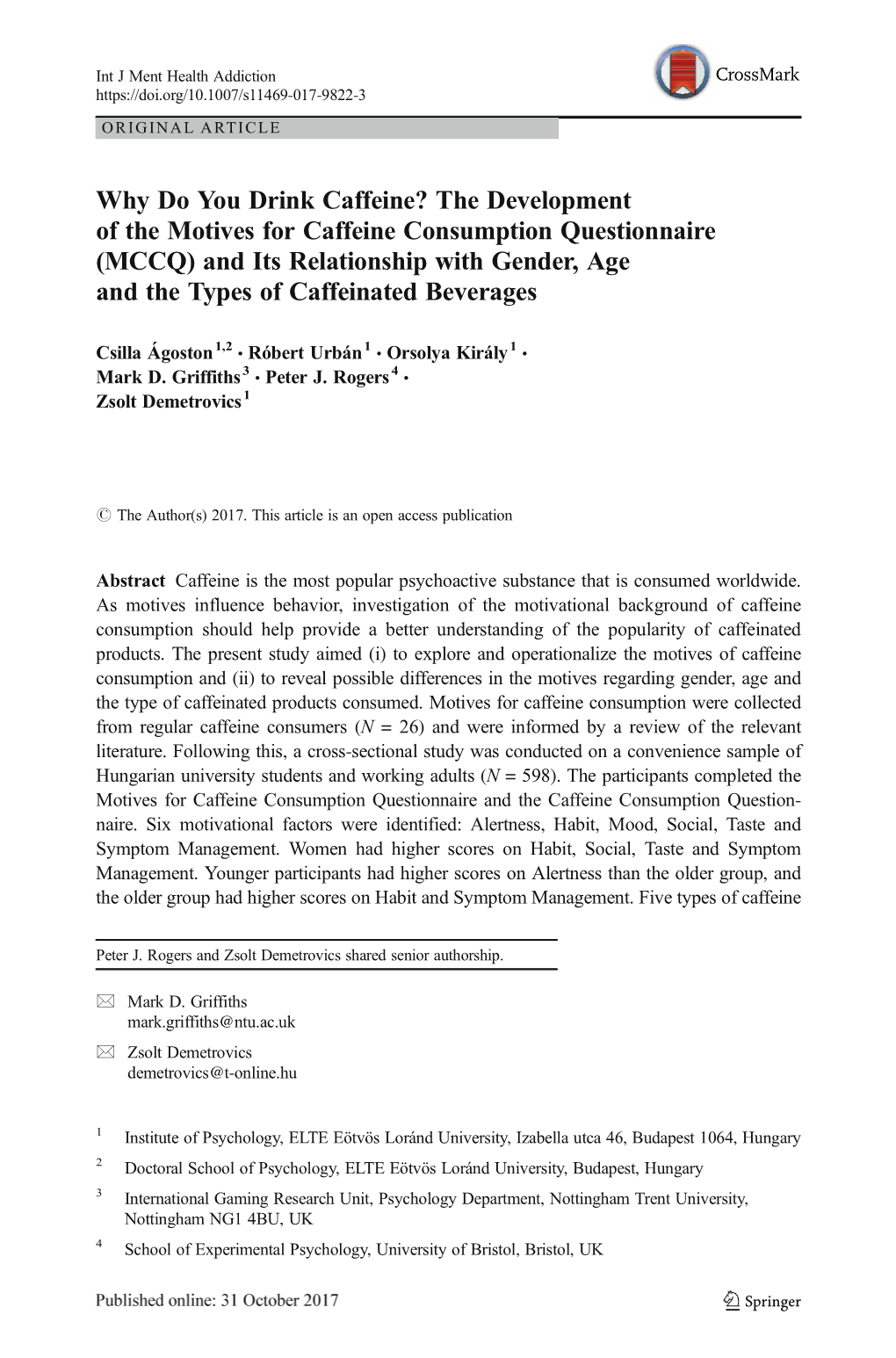 The Development of the Motives for Caffeine Consumption Questionnaire (MCCQ) and Its Relationship with Gender, Age and the Types of Caffeinated Beverages