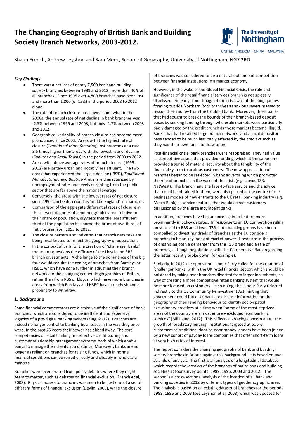 The Changing Geography of British Bank and Building Society Branch Networks, 2003‐2012