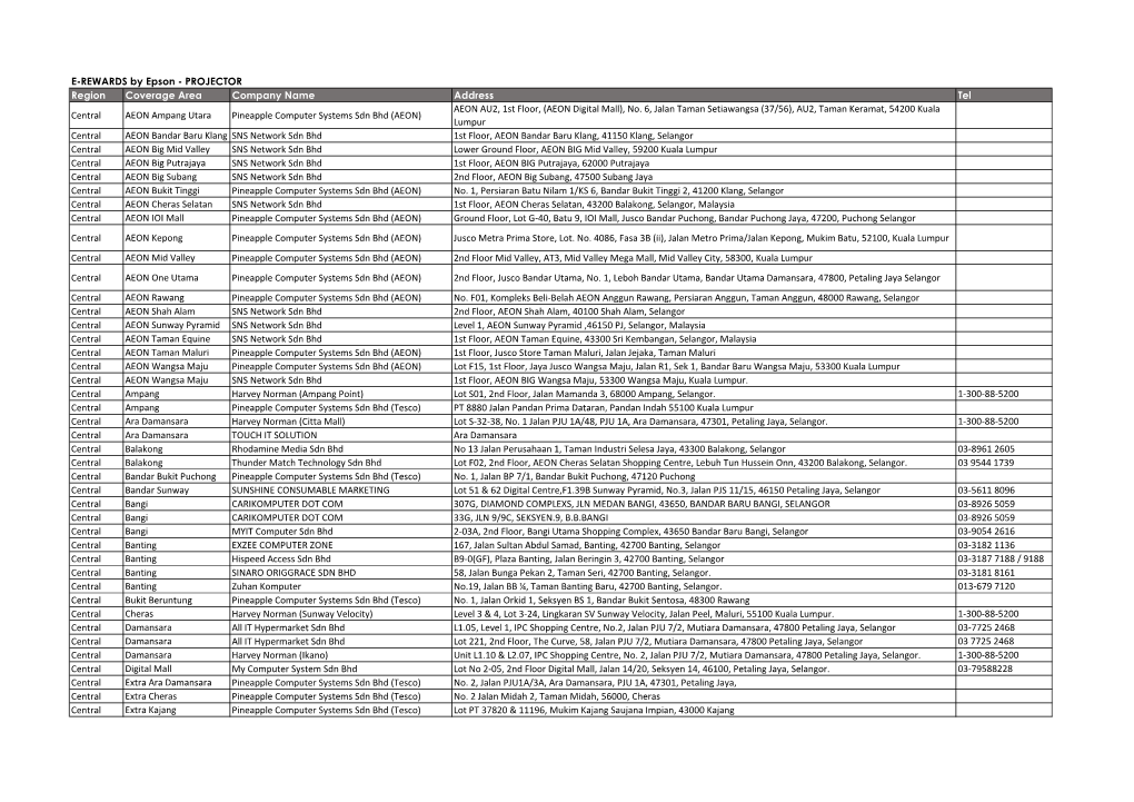 E-REWARDS by Epson - PROJECTOR Region Coverage Area Company Name Address Tel AEON AU2, 1St Floor, (AEON Digital Mall), No