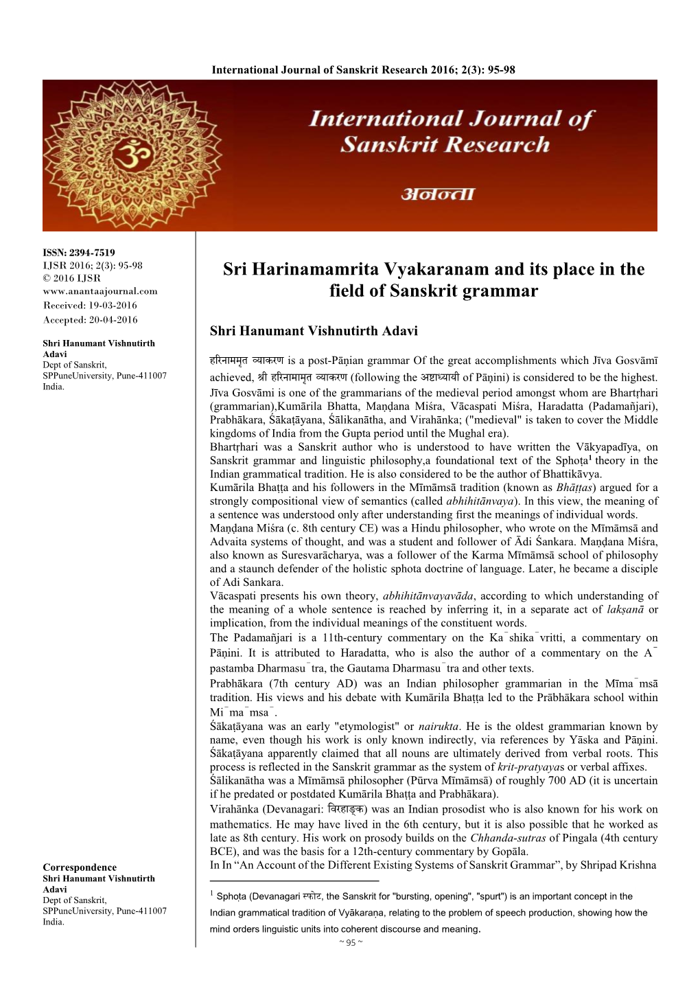 Sri Harinamamrita Vyakaranam and Its Place in the Field of Sanskrit