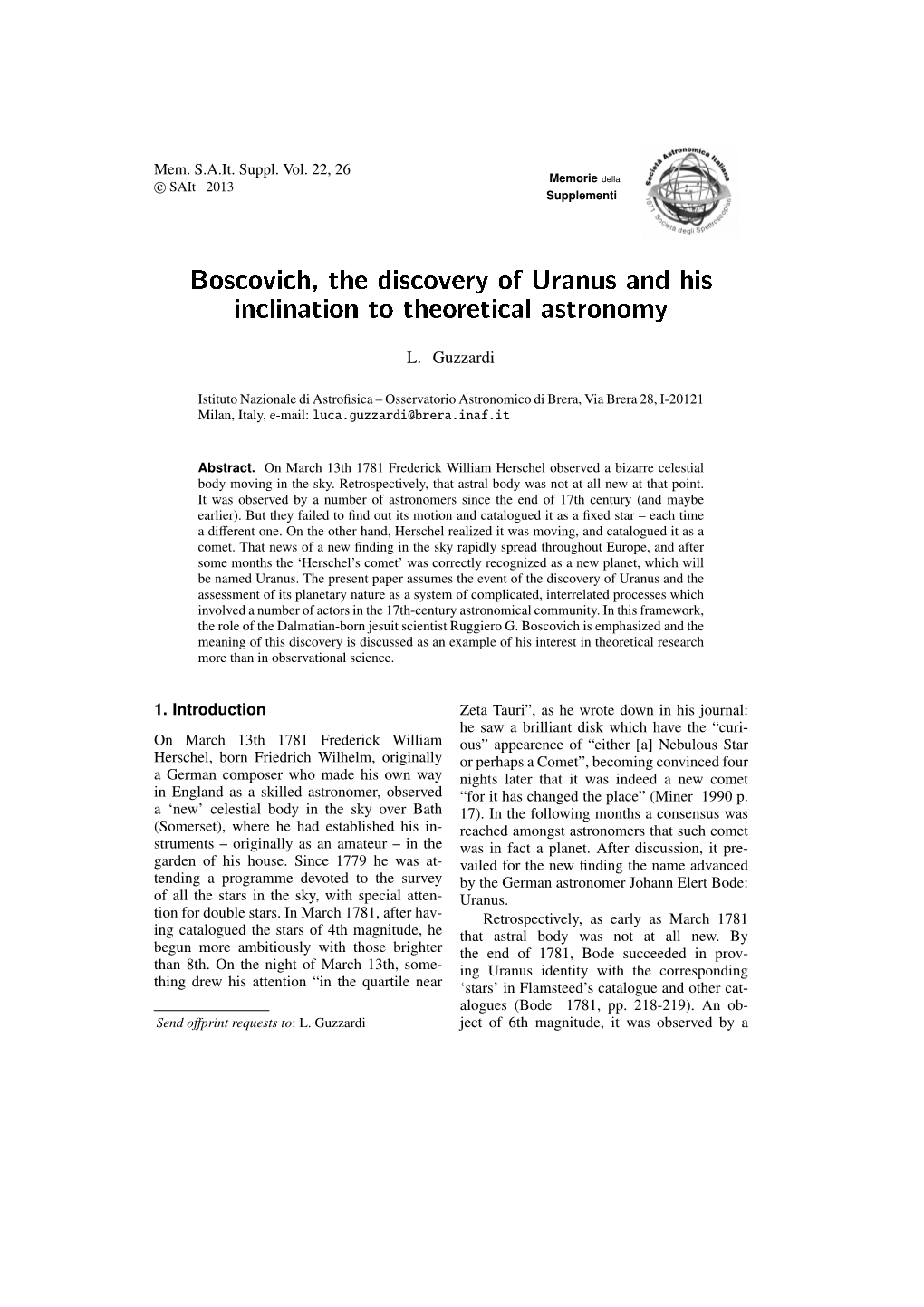 Boscovich, the Discovery of Uranus and His Inclination to Theoretical Astronomy