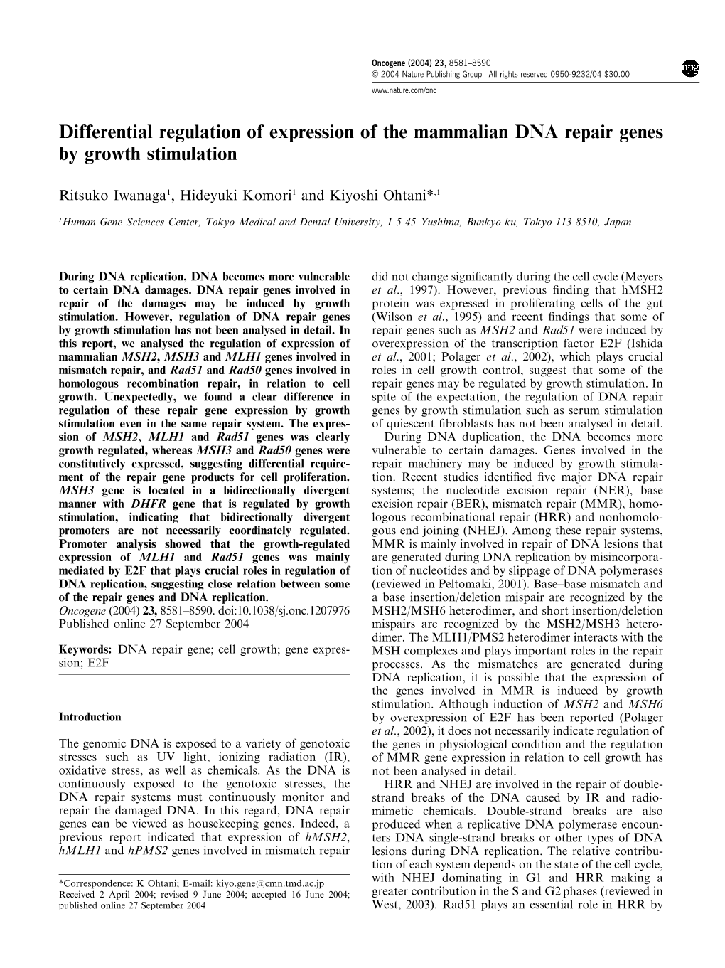 Differential Regulation of Expression of the Mammalian DNA Repair Genes by Growth Stimulation