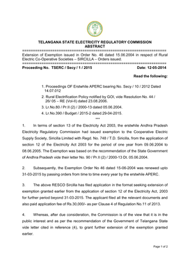 TELANGANA STATE ELECTRICITY REGULATORY COMMISSION ABSTRACT ======Extension of Exemption Issued in Order No