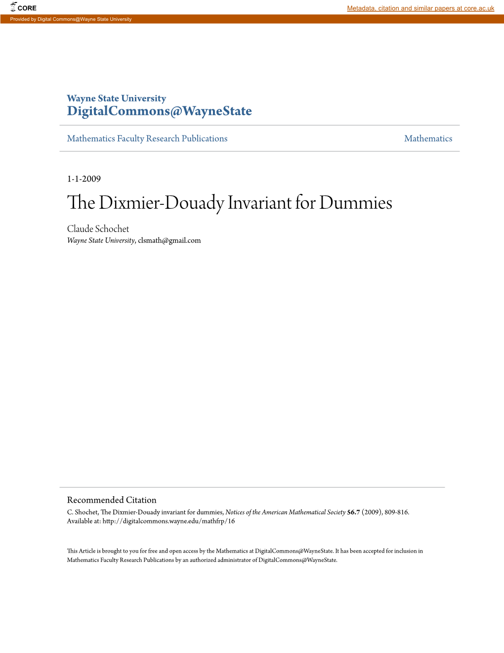 The Dixmier-Douady Invariant for Dummies Claude Schochet Wayne State University, Clsmath@Gmail.Com