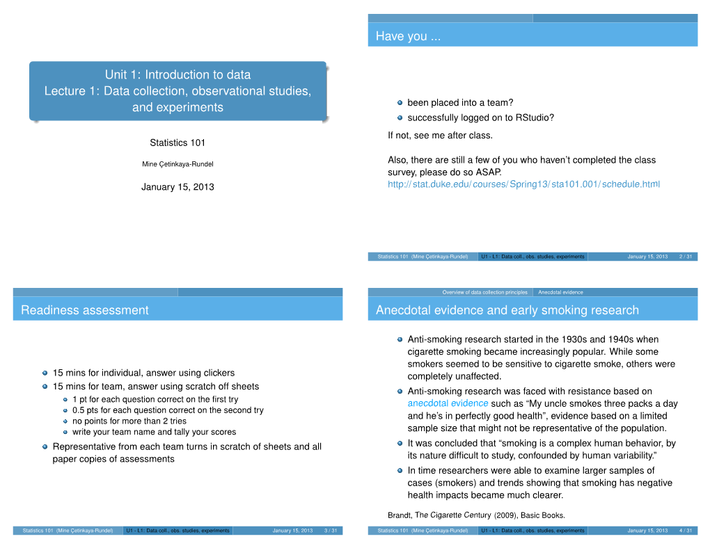 Unit 1: Introduction to Data Lecture 1: Data Collection, Observational