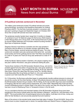 LAST MONTH in BURMA NOVEMBER News from and About Burma 2008