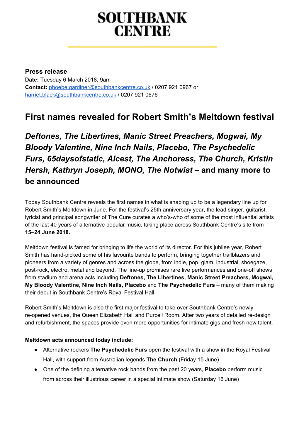 First Names Revealed for Robert Smith's Meltdown Festival