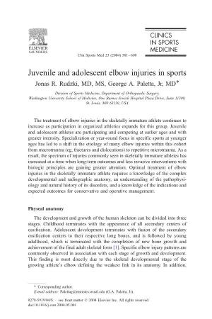 Juvenile and Adolescent Elbow Injuries in Sports Jonas R
