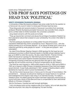 Unb Prof Says Postings on Head Tax 'Political'