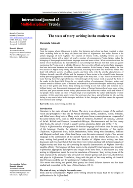 The State of Story Writing in the Modern Era IJMT 2020; 2(1): 17-21 Received: 22-11-2019 Accepted: 24-12-2019 Rowaida Ahmadi