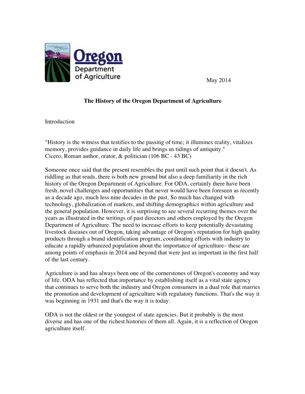 May 2014 the History of the Oregon Department of Agriculture Introduction