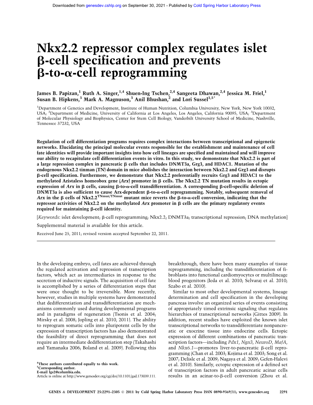 Nkx2.2 Repressor Complex Regulates Islet B-Cell Specification and Prevents B-To-A-Cell Reprogramming