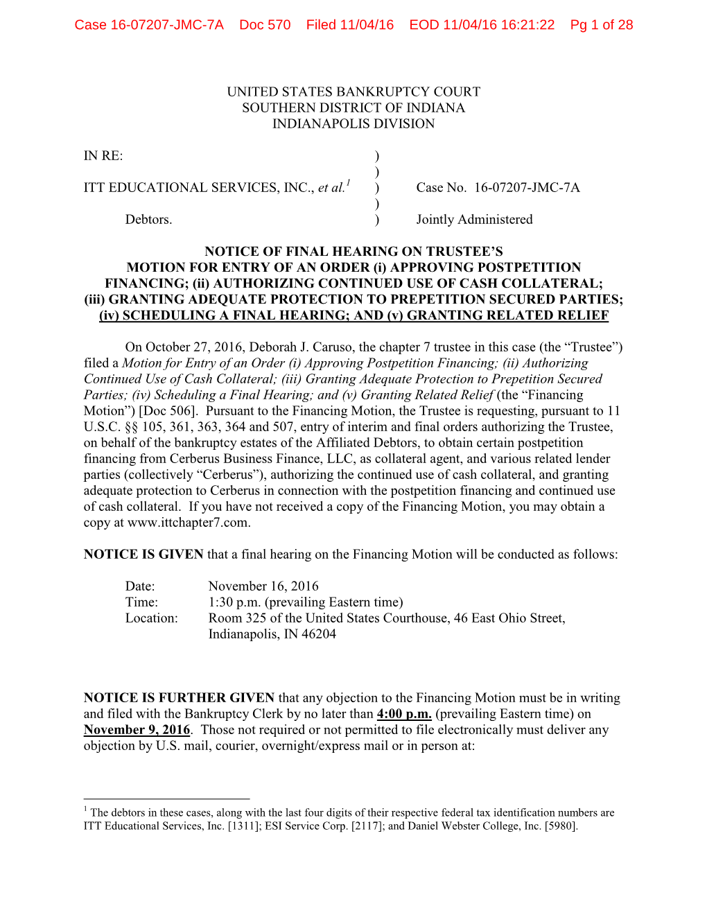 Case 16-07207-JMC-7A Doc 570 Filed 11/04/16 EOD 11/04/16 16:21:22 Pg 1 of 28