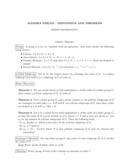 Algebra Prelim - Definitions and Theorems