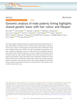 Genomic Analysis of Male Puberty Timing Highlights Shared Genetic Basis with Hair Colour and Lifespan