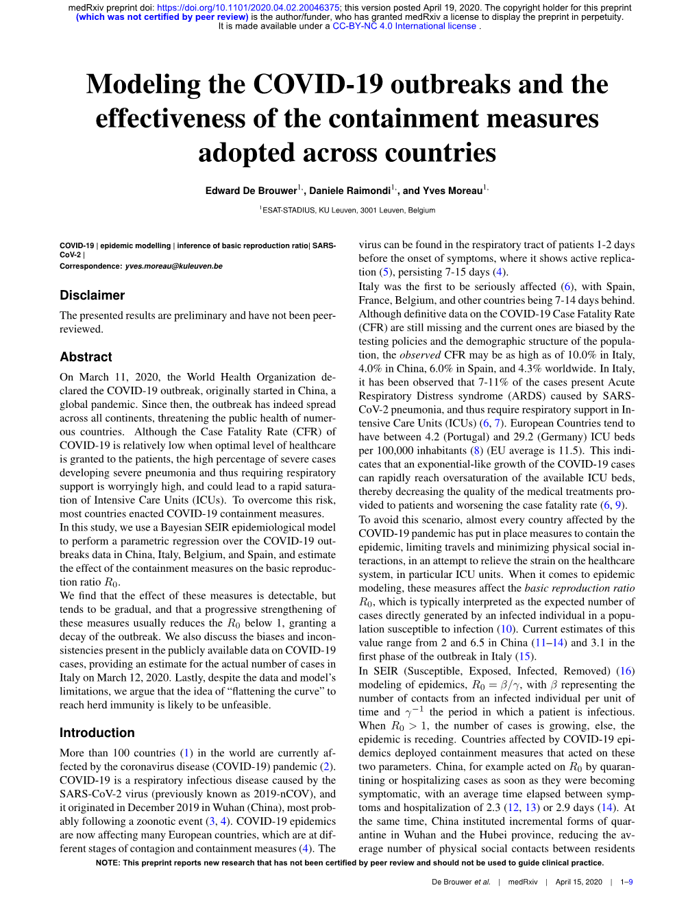 Modeling the COVID-19 Outbreaks and the Effectiveness of the Containment Measures Adopted Across Countries