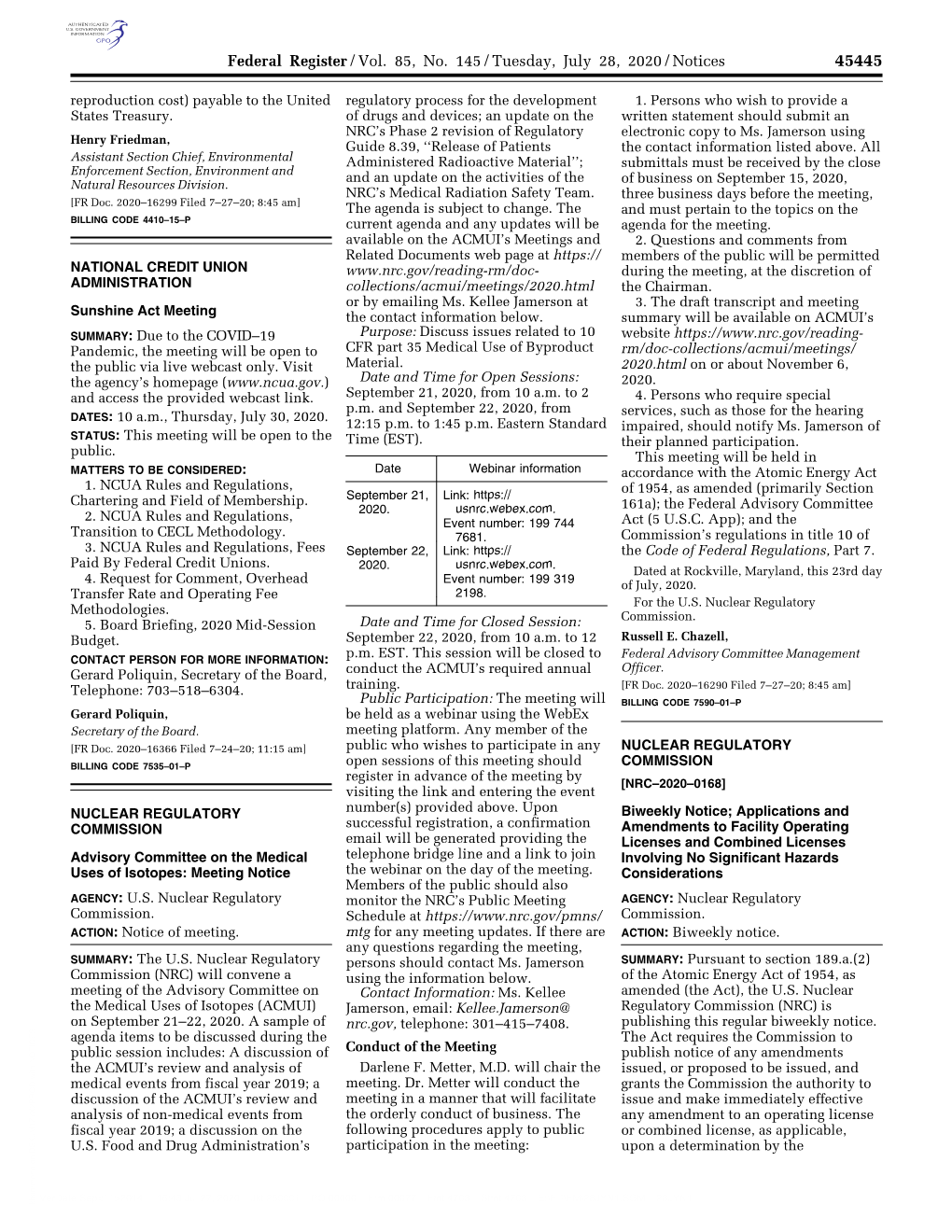 Federal Register/Vol. 85, No. 145/Tuesday, July 28, 2020/Notices