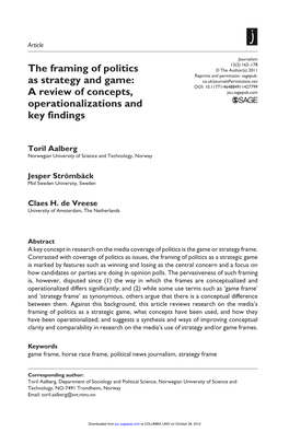 The Framing of Politics As Strategy and Game