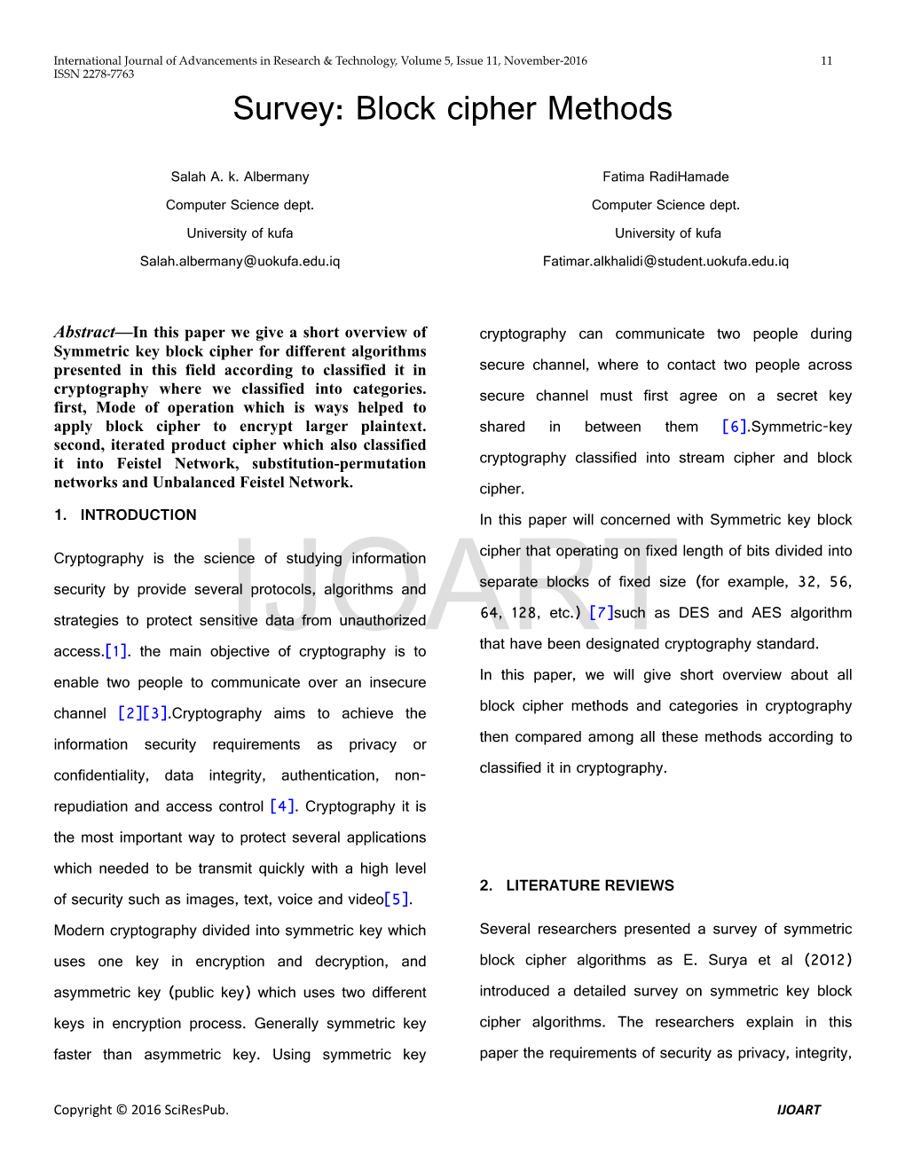 Survey: Block Cipher Methods