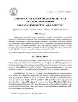 Assessment of Groundwater Quality at Sambhal, Moradabad D
