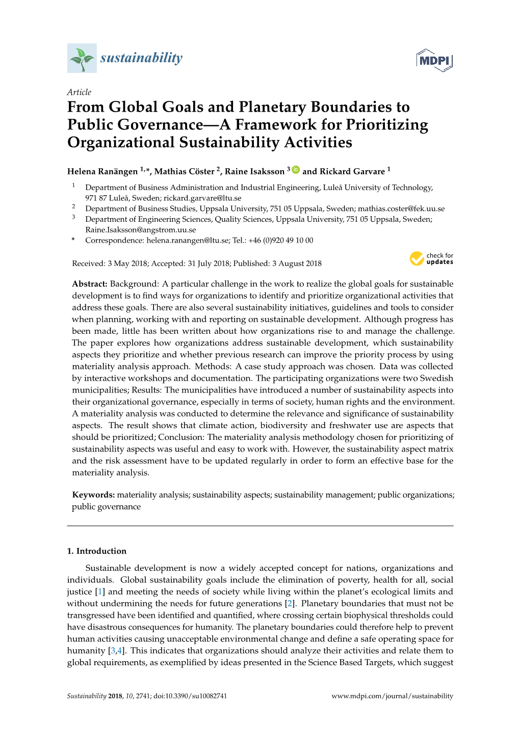 From Global Goals and Planetary Boundaries to Public Governance—A Framework for Prioritizing Organizational Sustainability Activities