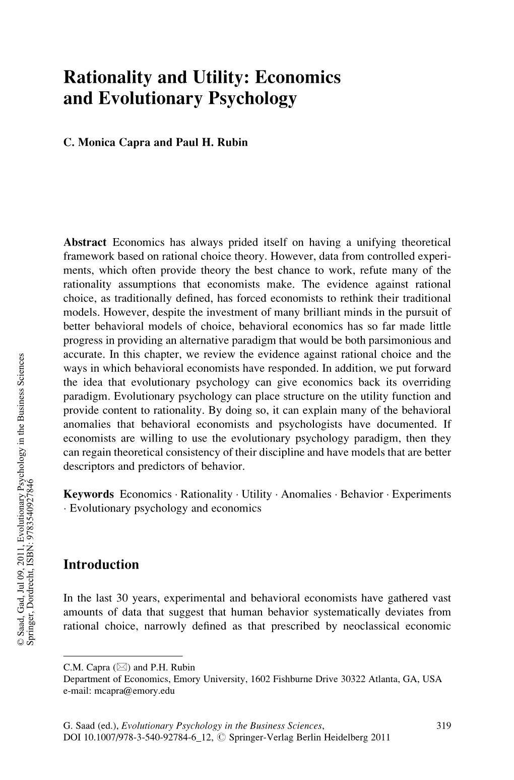 Rationality and Utility: Economics and Evolutionary Psychology