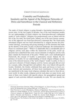 Centrality and Peripherality: Insularity and the Appeal of the Religious Networks of Delos and Samothrace in the Classical and Hellenistic Periods
