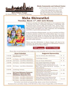 Maha Shivarathri Thursday, March 11Th, 2021 (Live Stream)