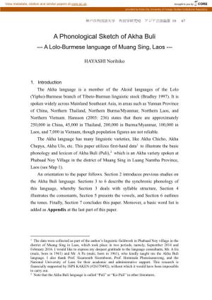 A Phonological Sketch of Akha Buli --- a Lolo-Burmese Language of Muang Sing, Laos