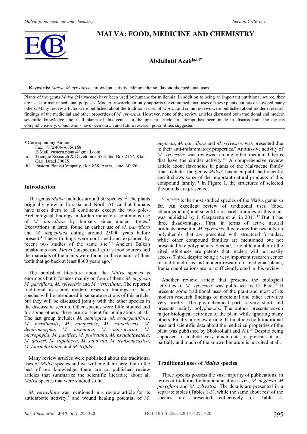 Malva: Food, Medicine and Chemistry Section C-Review MALVA: FOOD, MEDICINE and CHEMISTRY