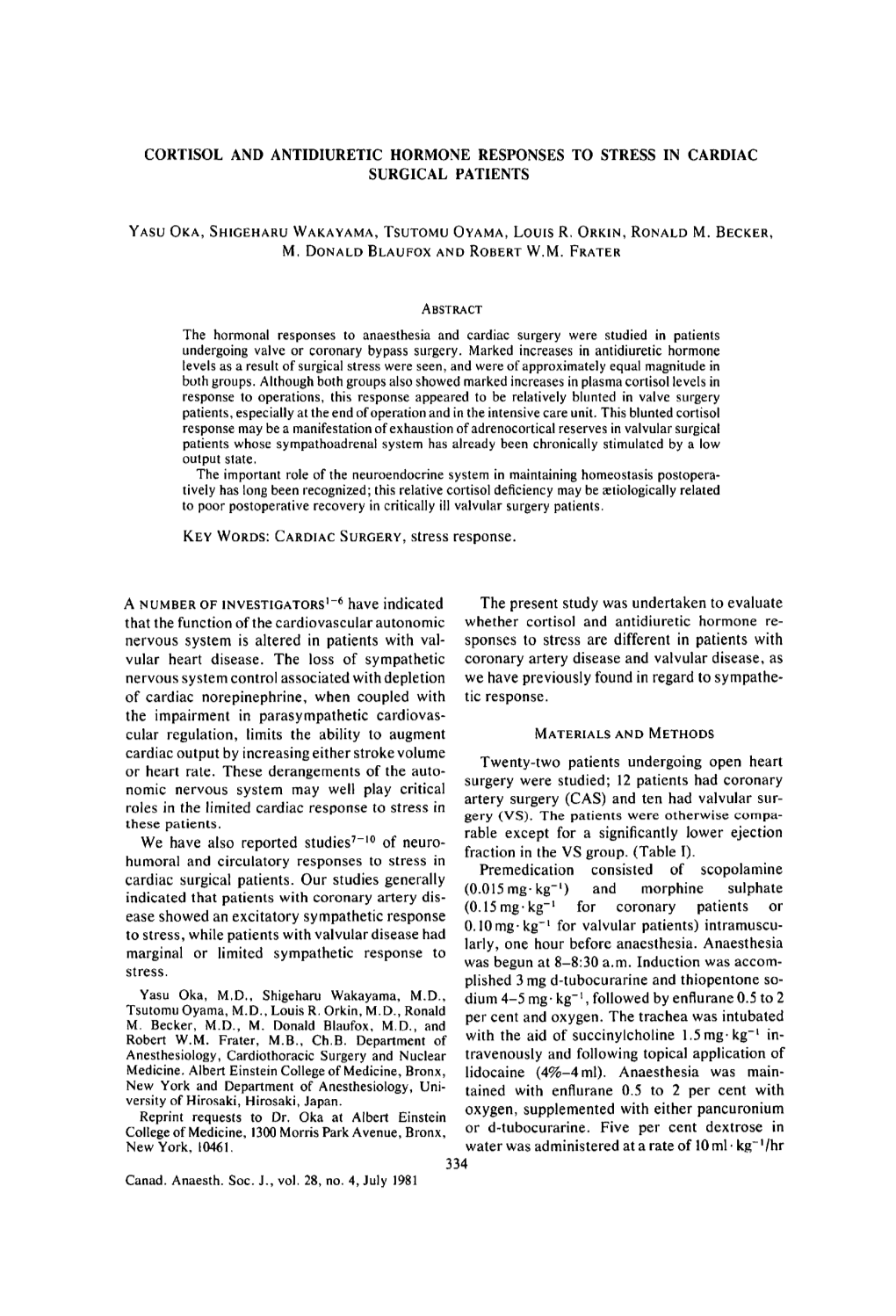 Cortisol and Antidiuretic Hormone Responses to Stress in Cardiac Surgical Patients