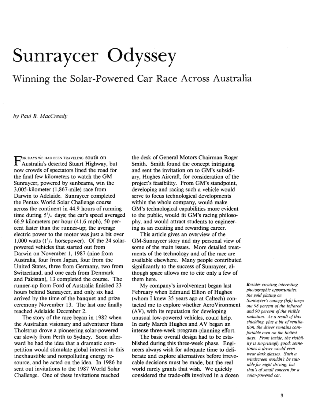 Sunraycer Odyssey Winning the Solar-Powered Car Race Across Australia