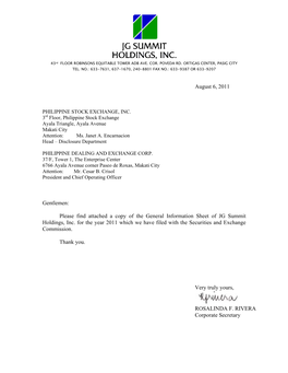 Please Find Attached a Copy of the General Information Sheet of JG Summit Holdings, Inc