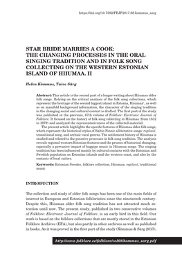 Star Bride Marries a Cook: the Changing Processes in the Oral Singing Tradition and in Folk Song Collecting on the Western Estonian Island of Hiiumaa