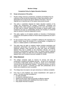 Moulton College Complaints Policy for Higher Education Students 1.0