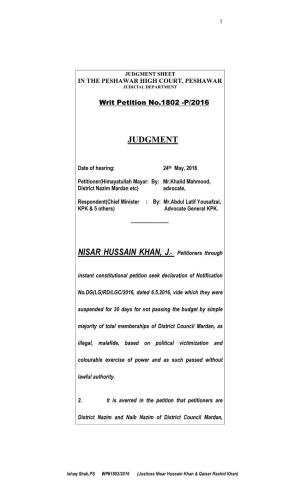 Judgment Sheet in the Peshawar High Court, Peshawar Judicial Department