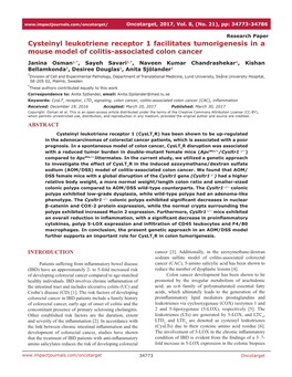 Cysteinyl Leukotriene Receptor 1 Facilitates Tumorigenesis in a Mouse Model of Colitis-Associated Colon Cancer